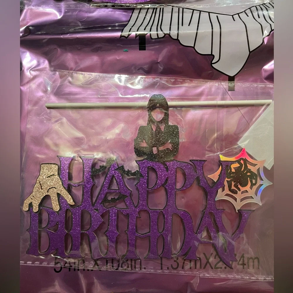 Wednesday Purple Glitter Happy Birthday Cake Topper Set